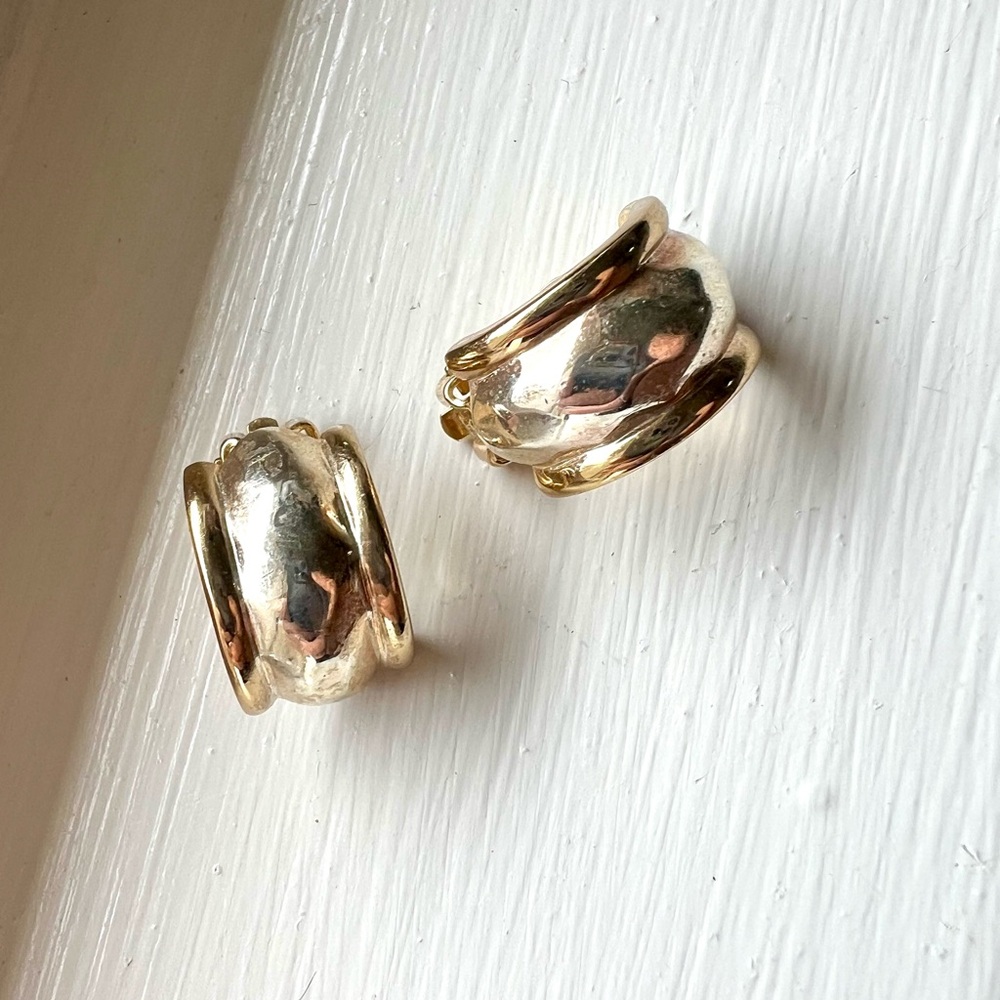 Vintage 90s Minimalist Givenchy Hammered Gold and Silver Hoop Clip On Earrings